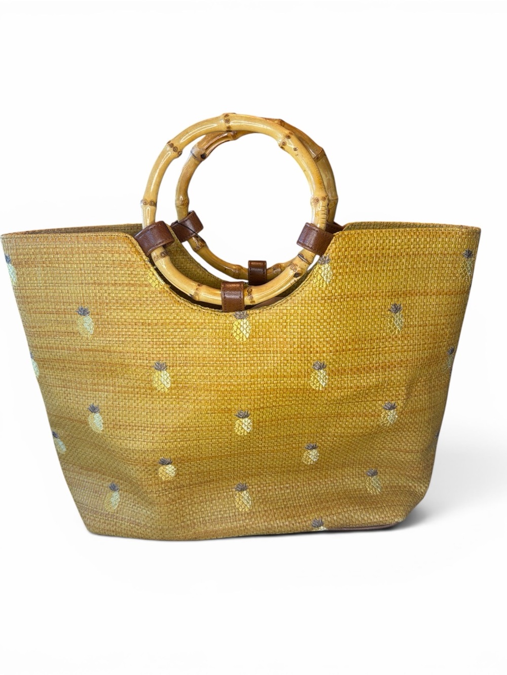 Yellow Pineapple Straw Beach Tote with Bamboo Handles By Sunny New! - Picture 2 of 5